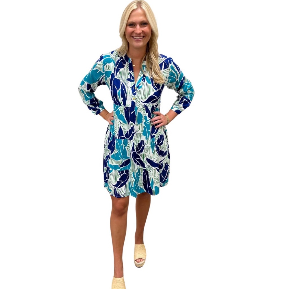 Liza Byrd Crosby Easy Fit Dress In Blue And Teal Tropical Leaf NWT